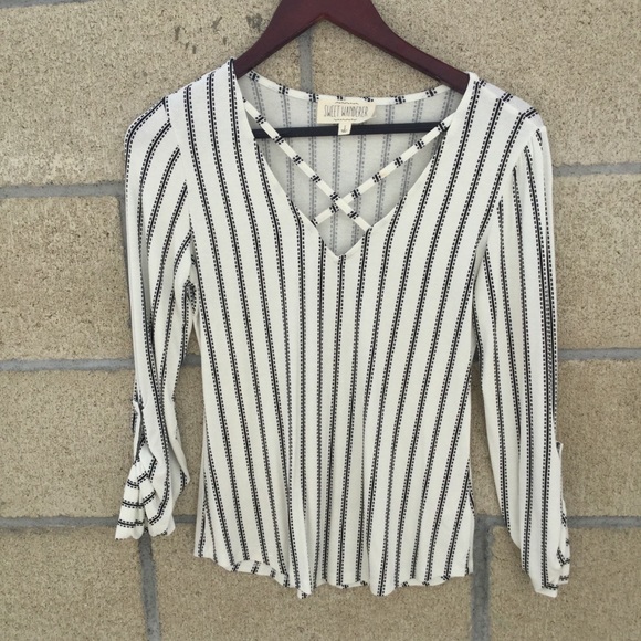 bebe Tops - White and black striped long sleeve tee